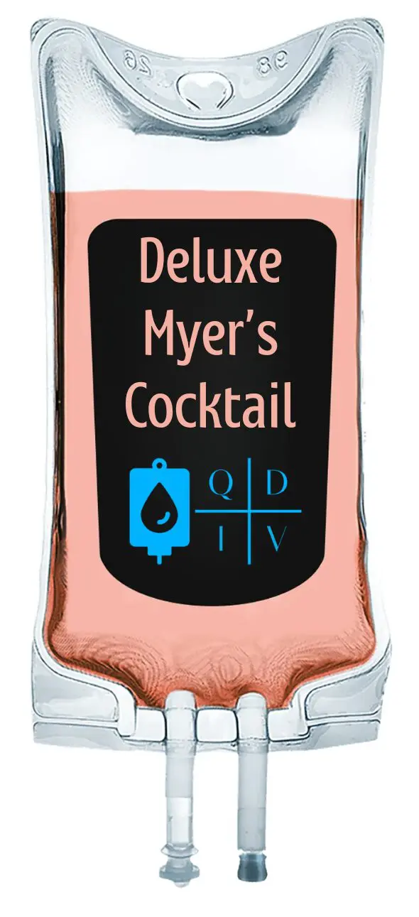 Close-up of a pink Deluxe Myer's Cocktail bottle label.