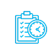 A clipboard with a stopwatch icon on a green circular background.
