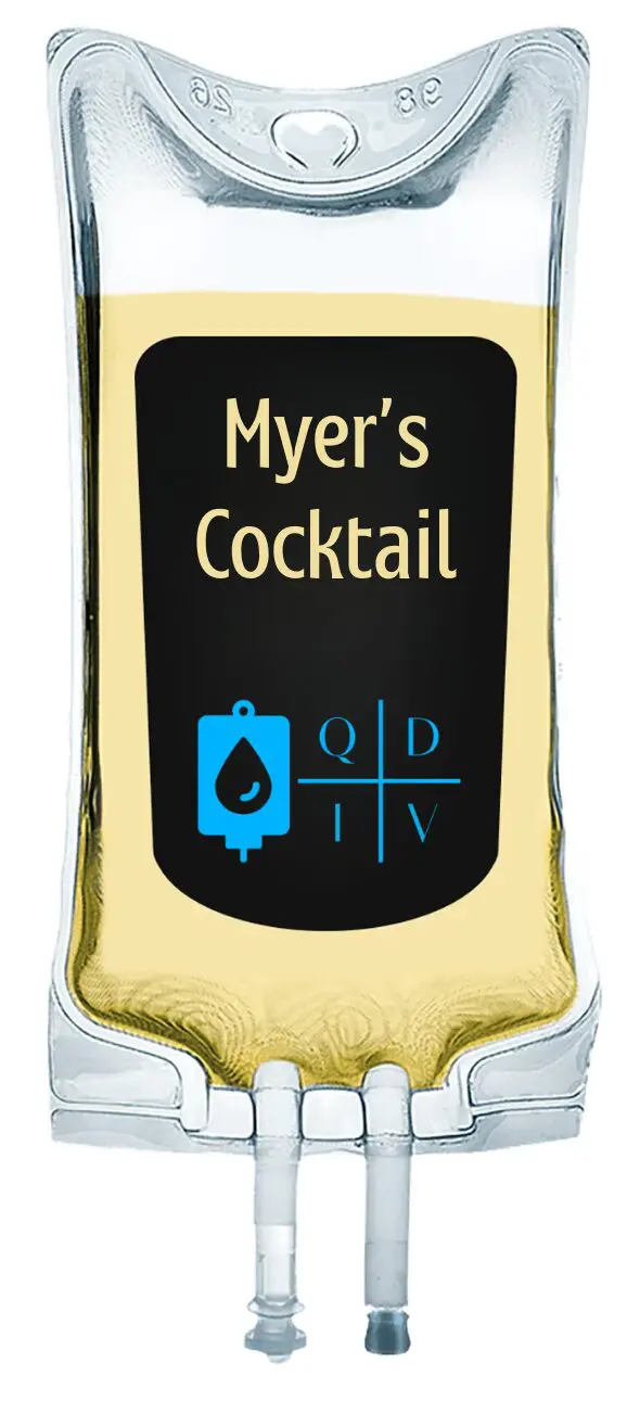 Close-up of a bottle labeled 'Myer's Cocktail' with a blue medical symbol.