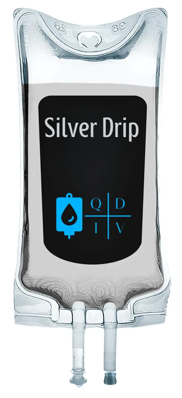 A clear medical IV bag labeled 'Silver Drip' with a blue droplet icon.