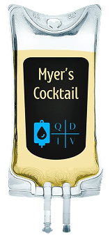 Close-up of a Myers's Cocktail IV bag label with medical symbols.