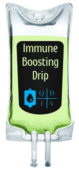 A green bottle labeled 'Immune Boosting Drip' with a blue medical symbol.