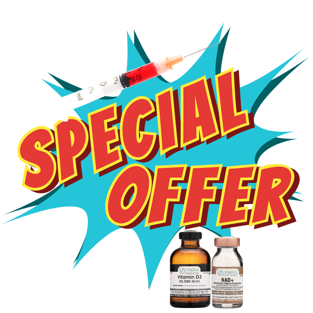 Colorful 'Special Offer' graphic with vaccine vials and syringe.