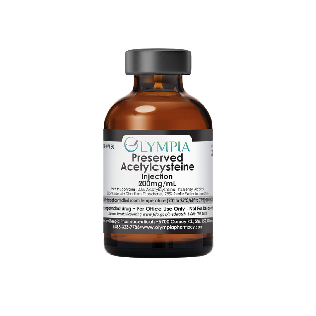 A brown bottle labeled 'Preserved Acetylcysteine' by Olympia Pharma.